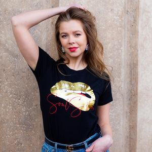 Donna Summerwomens Black and Gold Lip Print Slim Fit T-Shirt