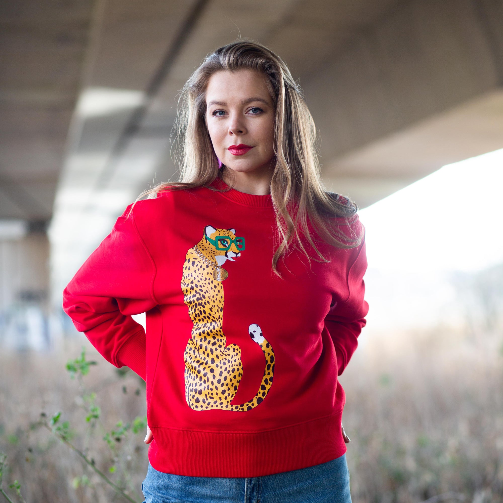 Red Unisex ' Candi Staton' Sweatshirt With Cheetah Print